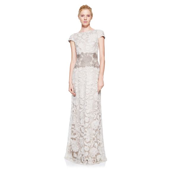 NWT Tadashi Shoji Ivory Latte Pumice Lace Tulle Nomi Formal Maxi Gown Size 12